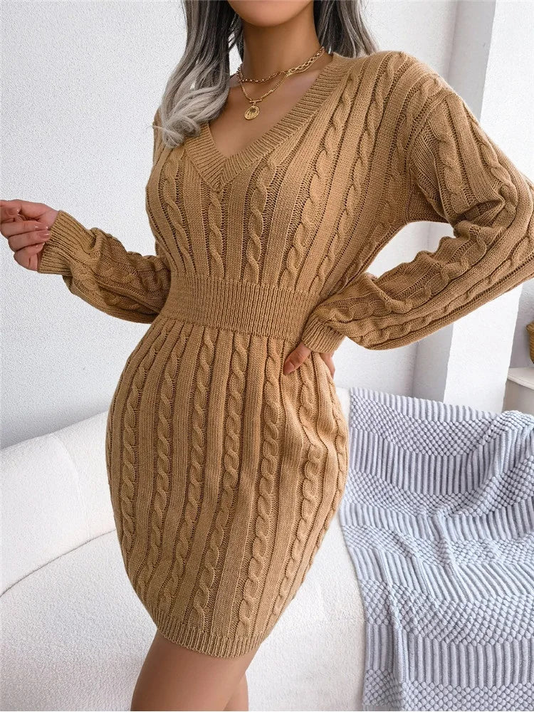 Nova moda outono inverno bodycon lápis vestido feminino fino ajuste cabo de malha manga longa camisola vestido sexy com decote em v clube vestido de festa