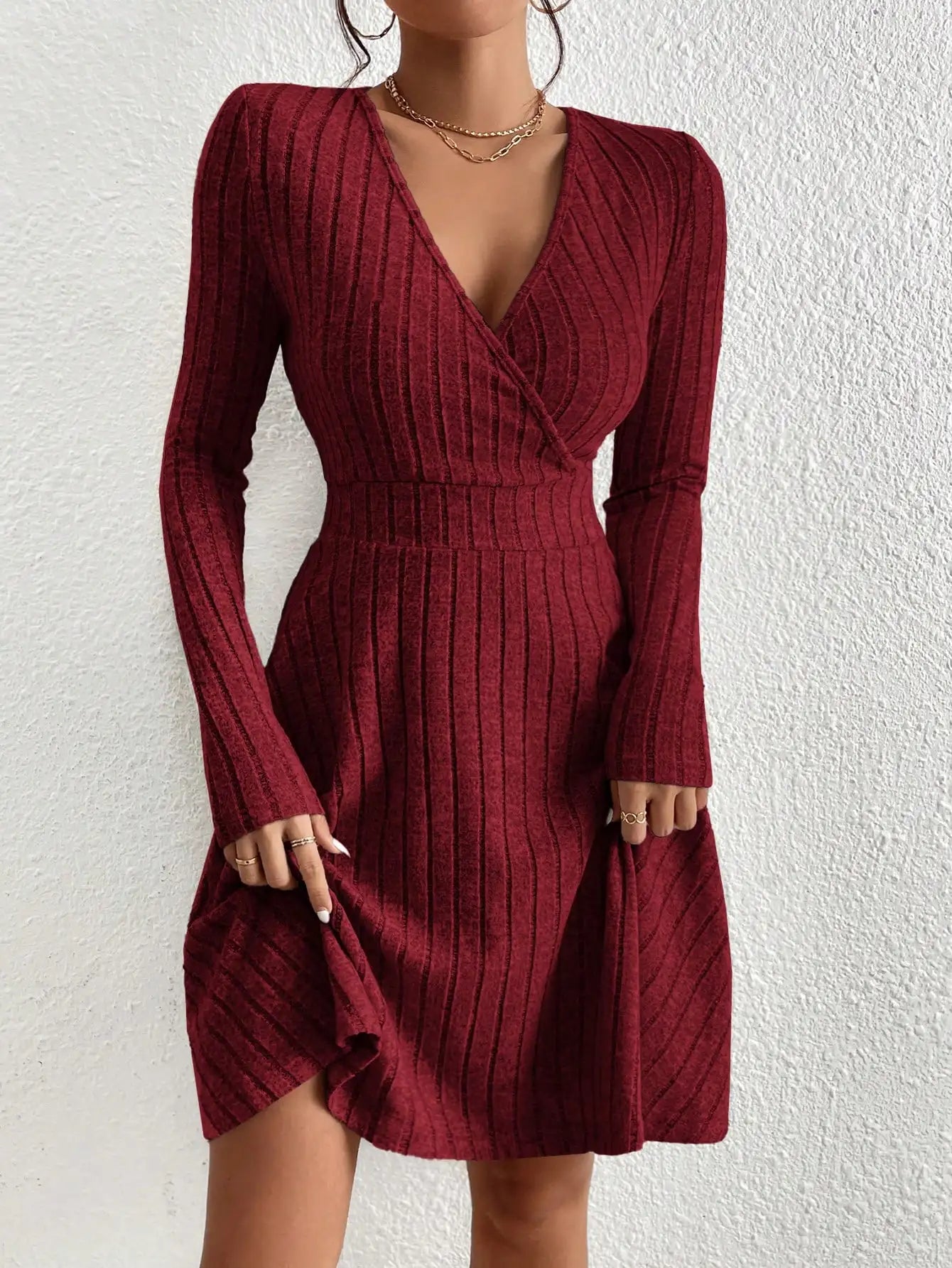 Outono e inverno novo decote em v sexy cintura a linha guarda-chuva saia grande balanço vestido de malha de mangas compridas