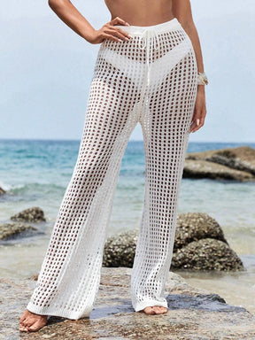 Calças largas de malha com cordão casual de cor sólida vazada, elegante, elegante e confortável para mulheres