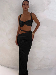 Beyprern fazendo desejos saia conjunto feminino ruched vestido de duas peças verão laranja bandagem maxi saia conjunto roupas de férias clubwear