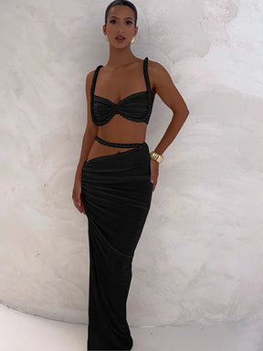 Beyprern fazendo desejos saia conjunto feminino ruched vestido de duas peças verão laranja bandagem maxi saia conjunto roupas de férias clubwear