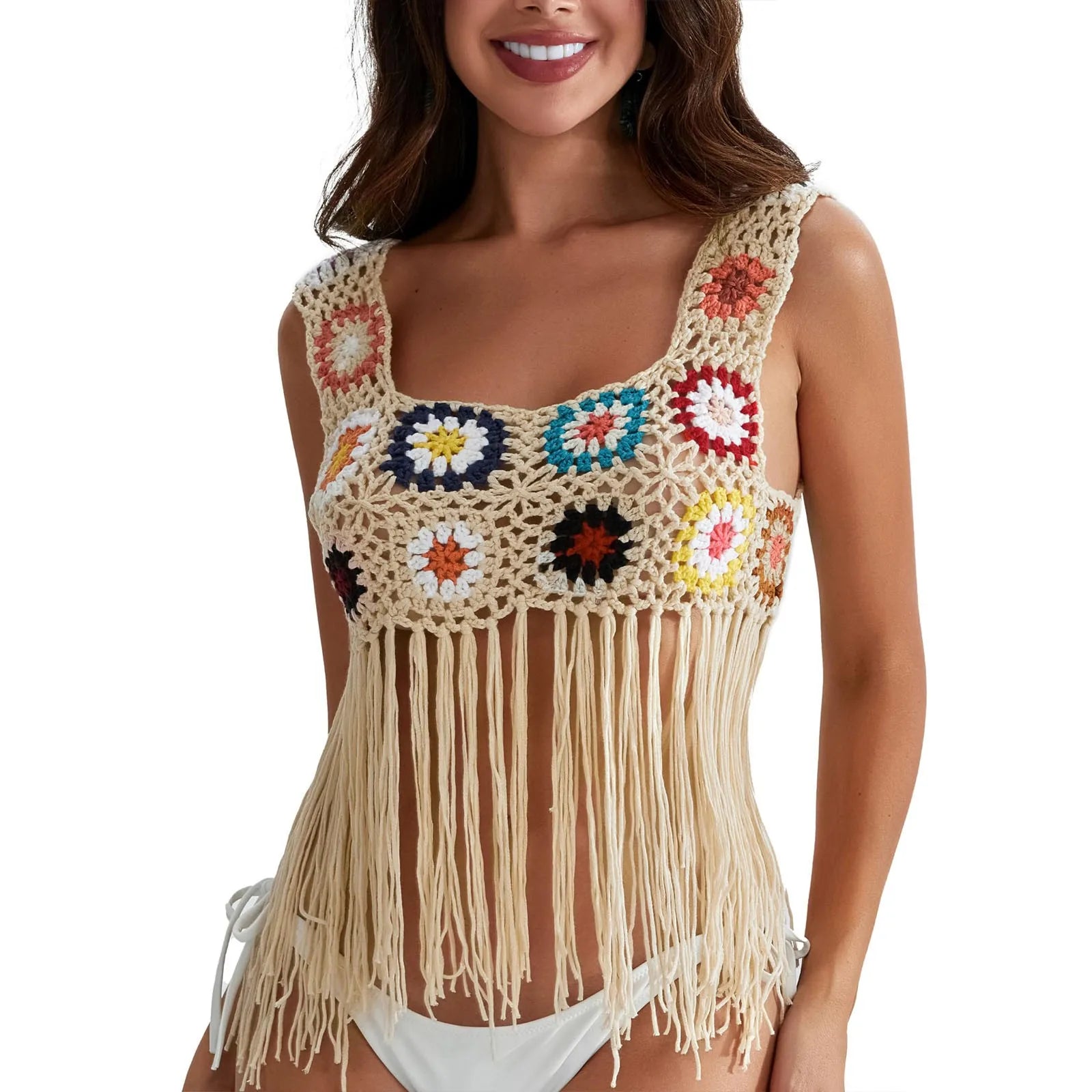 Mulheres Crochet Regata com Borlas, Cobertura de malha Ups, Bordado Floral Colorido, Camisola Boho Verão, Escavar Beachwear, Traf
