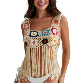 Mulheres Crochet Regata com Borlas, Cobertura de malha Ups, Bordado Floral Colorido, Camisola Boho Verão, Escavar Beachwear, Traf