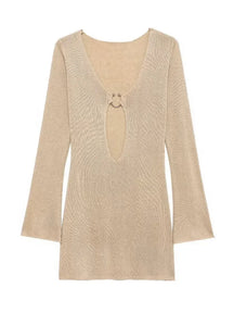 Sexy manga larga magro vestido de malha 2024 outono/inverno feminino elegante com decote em v vestidos curtos a2917