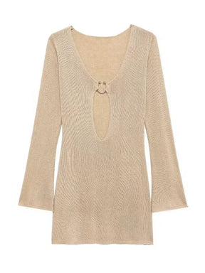 Sexy manga larga magro vestido de malha 2024 outono/inverno feminino elegante com decote em v vestidos curtos a2917