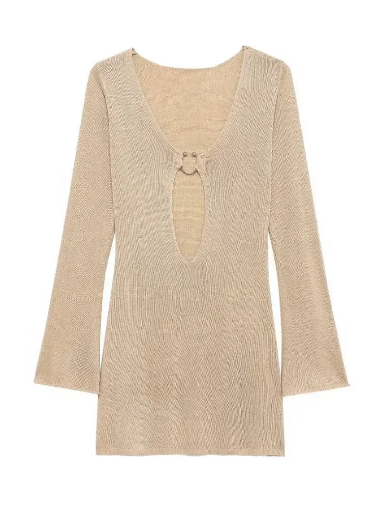 Sexy manga larga magro vestido de malha 2024 outono/inverno feminino elegante com decote em v vestidos curtos a2917
