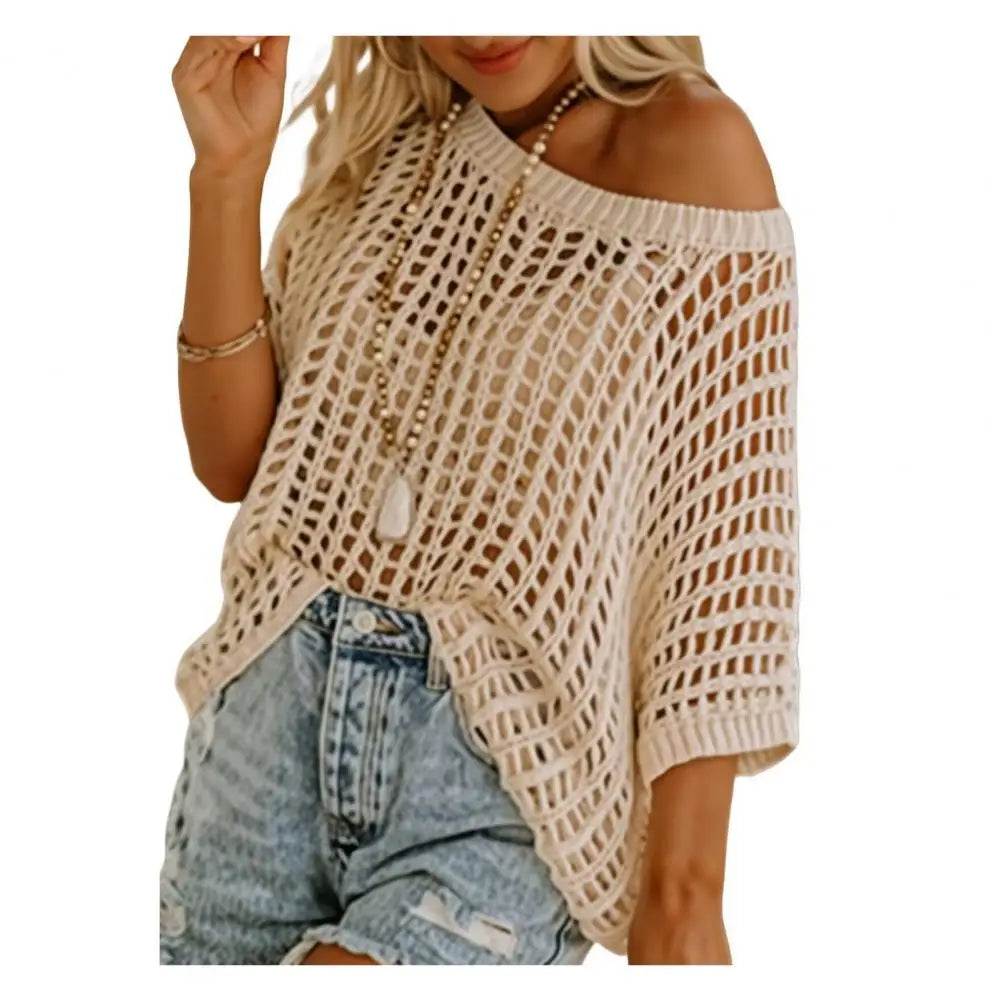 Blusa feminina casual camisa superior manga curta transparente crochê oco camisola de malha superior cor sólida blusa feminina solta