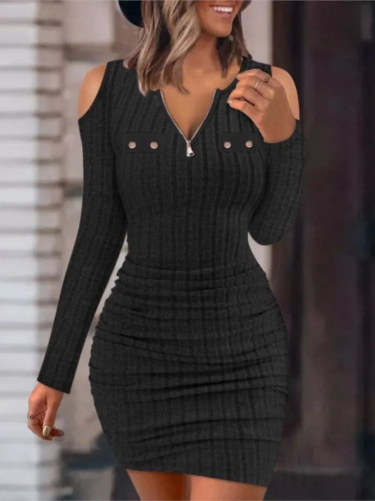 Outono inverno feminino nova cor sólida zíper sexy decote em v fora do ombro apertado saco hip casual vestido de manga comprida