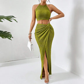 Mia musa define primavera verão encaixe fino elegante simples fenda sem mangas halter pescoço cintura natural maxi conjuntos de festa para mulher