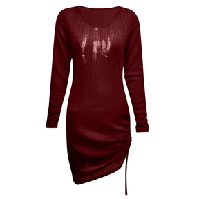 Outono camisola vestido para mulheres tricô sexy cordão plissado bodycon vestido curto com decote em v manga longa envolto hip mini vestido