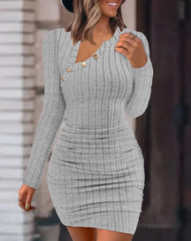 Vestidos bodycon com gola redonda e botão para mulheres, cor sólida, mini vestido envoltório com nervuras, slim fit, suéter de malha franzido