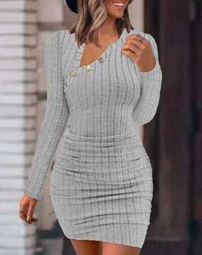 Vestidos bodycon com gola redonda e botão para mulheres, cor sólida, mini vestido envoltório com nervuras, slim fit, suéter de malha franzido