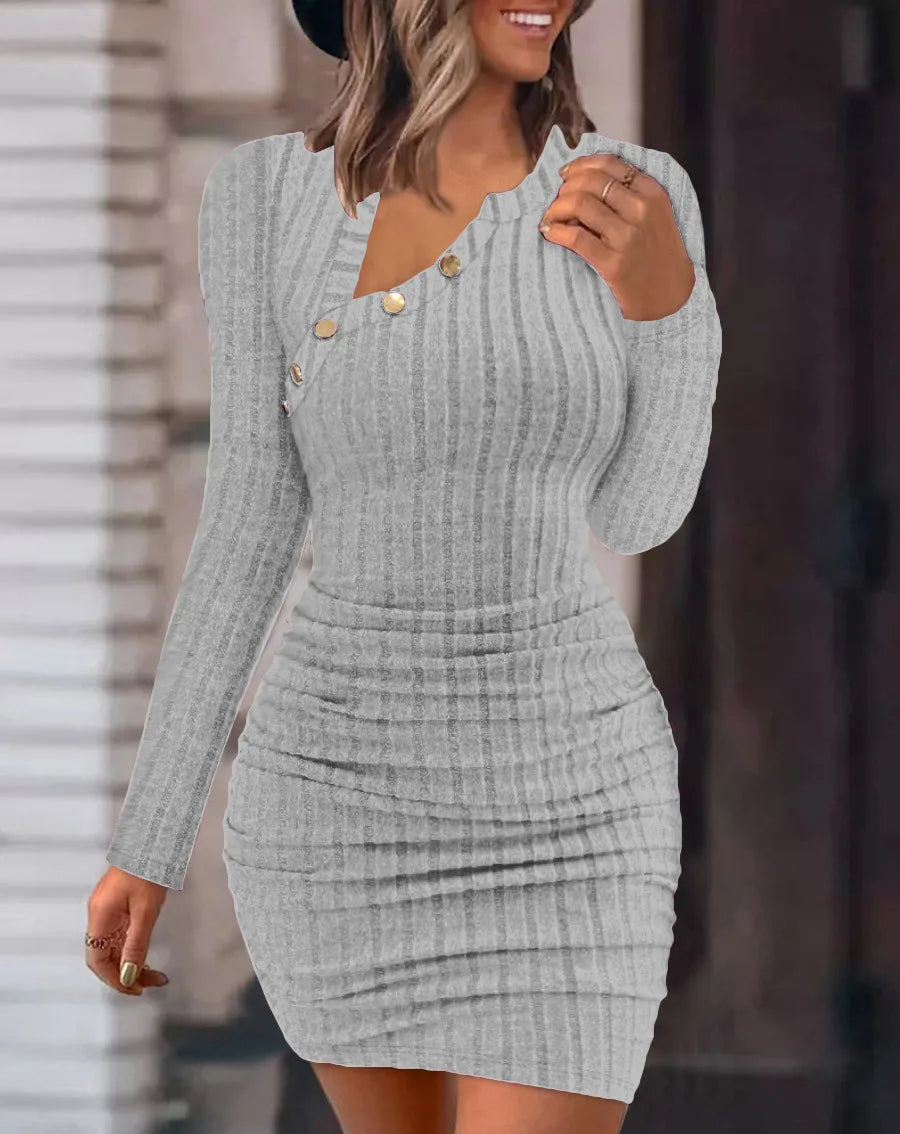 Vestidos bodycon com gola redonda e botão para mulheres, cor sólida, mini vestido envoltório com nervuras, slim fit, suéter de malha franzido