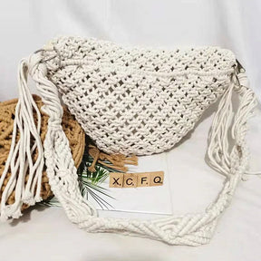 Bolsa de praia tecida à mão com borlas, boêmia, crochê de algodão oco, sacola de viagem, bolsa estilo étnico, bolsa axilas, verão