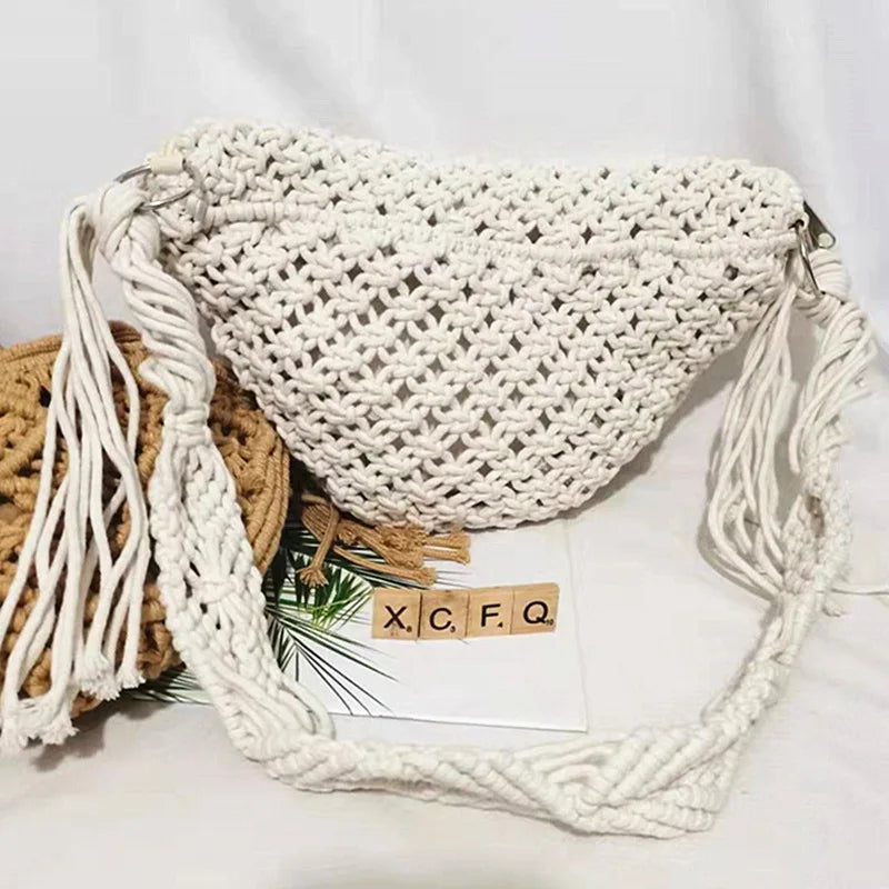 Bolsa de praia tecida à mão com borlas, boêmia, crochê de algodão oco, sacola de viagem, bolsa estilo étnico, bolsa axilas, verão