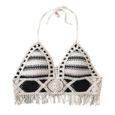 Verão malha sem curto colheita topo feminino sexy oco para fora crochê borlas bainha cabresto sutiã bustier almofadas no peito dropshipping