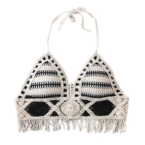 Verão malha sem curto colheita topo feminino sexy oco para fora crochê borlas bainha cabresto sutiã bustier almofadas no peito dropshipping