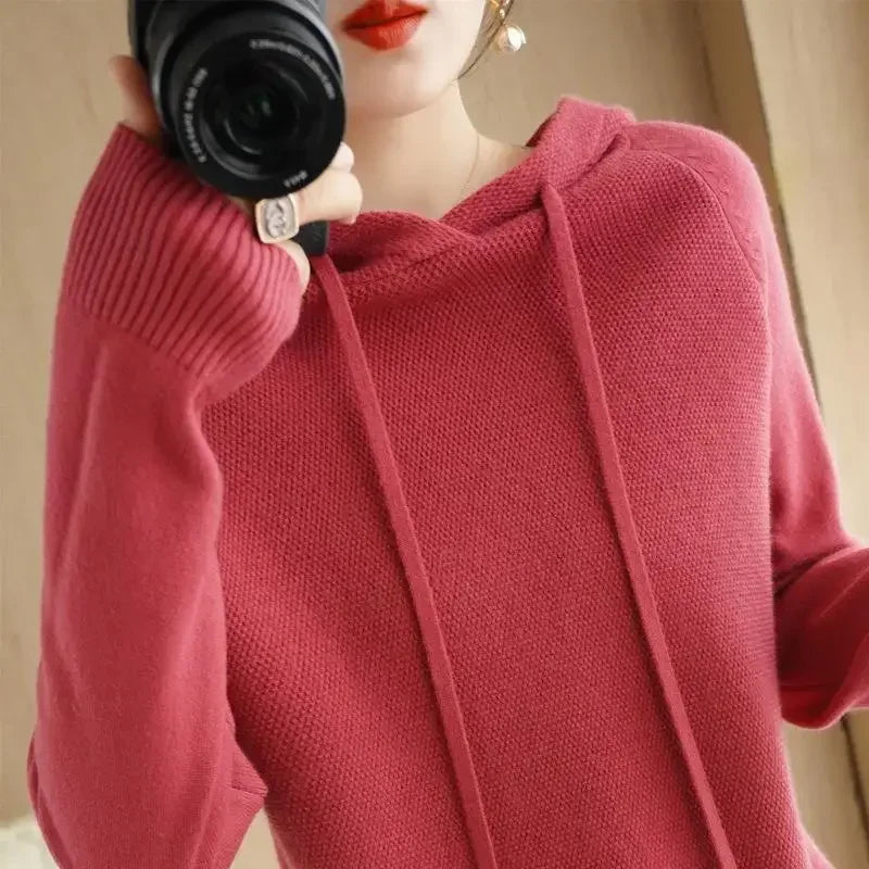 Camisola com capuz mulher outono inverno manga longa quente camisa de fundo sólido casual pullovers malha topos moda coreana jumper 2025