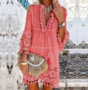 Nova primavera bordado crochê renda boho vestido feminino elegante fora do ombro borla plissado mini vestido de verão com decote em v senhora vestido de praia