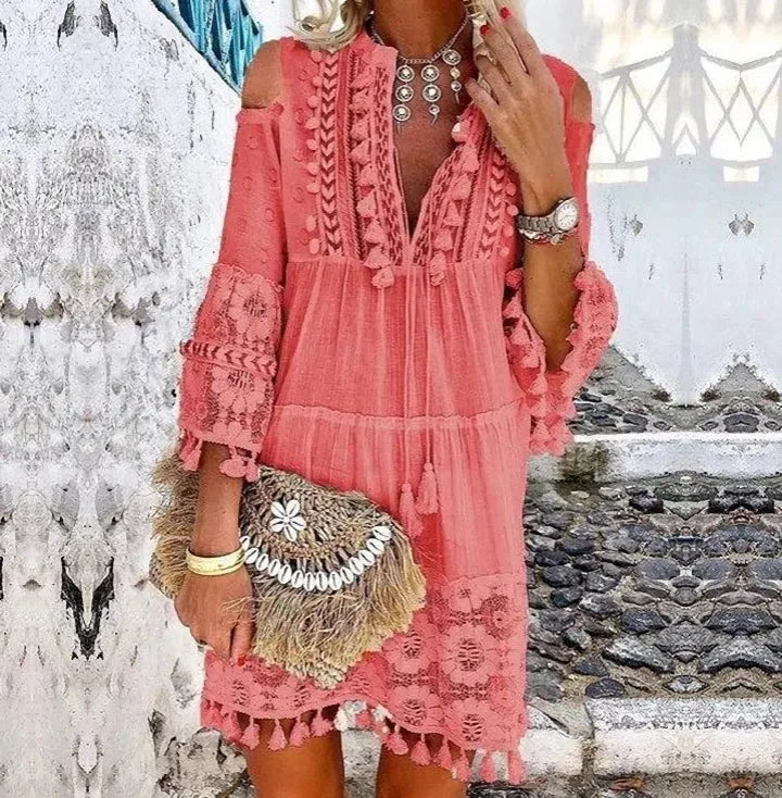 Nova primavera bordado crochê renda boho vestido feminino elegante fora do ombro borla plissado mini vestido de verão com decote em v senhora vestido de praia