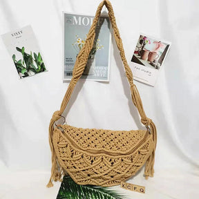 Bolsa de praia tecida à mão com borlas, boêmia, crochê de algodão oco, sacola de viagem, bolsa estilo étnico, bolsa axilas, verão