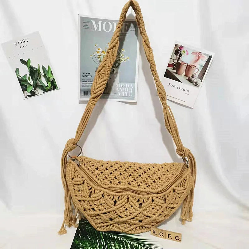 Bolsa de praia tecida à mão com borlas, boêmia, crochê de algodão oco, sacola de viagem, bolsa estilo étnico, bolsa axilas, verão