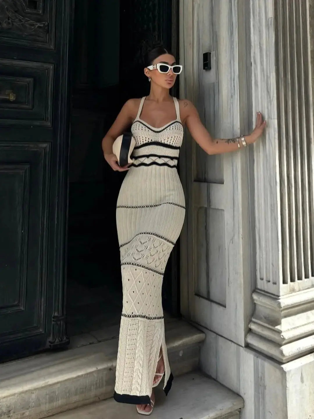 Listrado elegante malha crochê vestido feminino 2025 verão praia férias sem mangas sem costas vestidos longos femininos com decote em v vestidos sexy