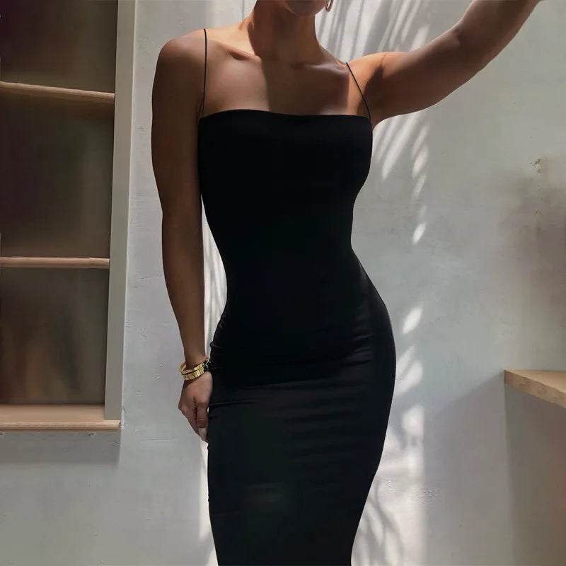 Verão preto sexy vestido feminino streetwear sem mangas sem costas sólido cinta de espaguete bodycon casual clubwear elegante vestidos de festa