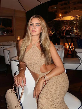 Sexy sem costas vestido de malha corte cintura halter pescoço cinta vestido fino 2025 verão feminino festa noite vestidos de férias k74