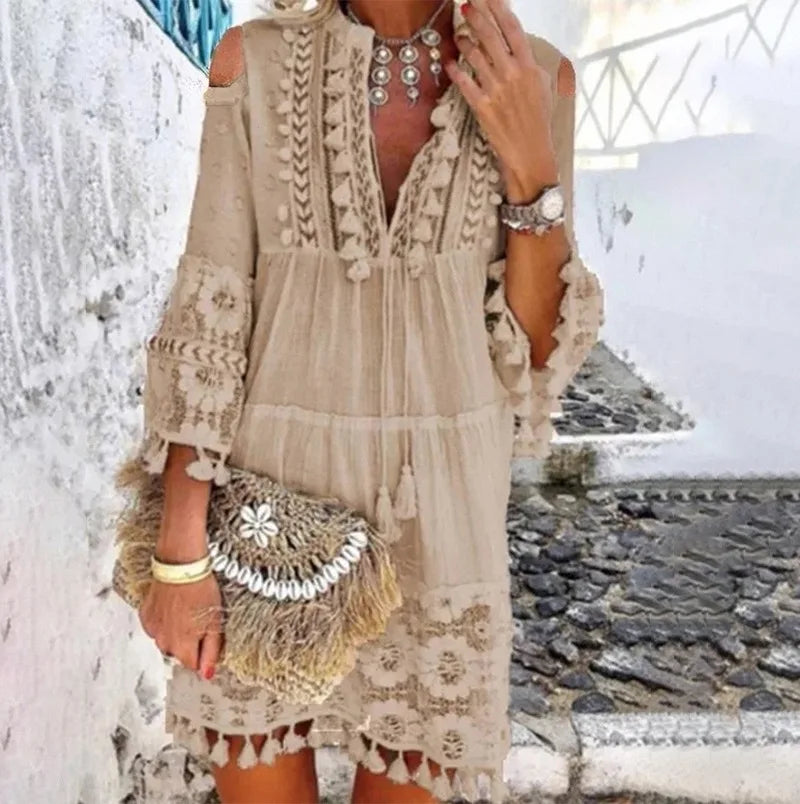 Nova primavera bordado crochê renda boho vestido feminino elegante fora do ombro borla plissado mini vestido de verão com decote em v senhora vestido de praia