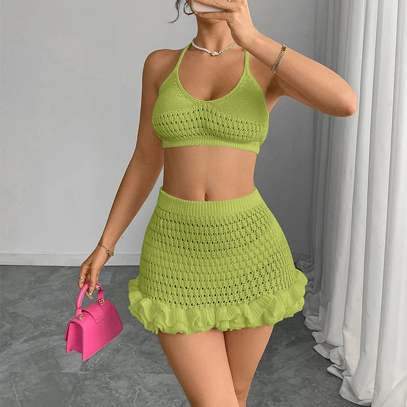 Novo estilo curto superior babados saia cover-ups terno verão praia férias tricô bikini cobrir sexy oco para fora conjunto de maiô
