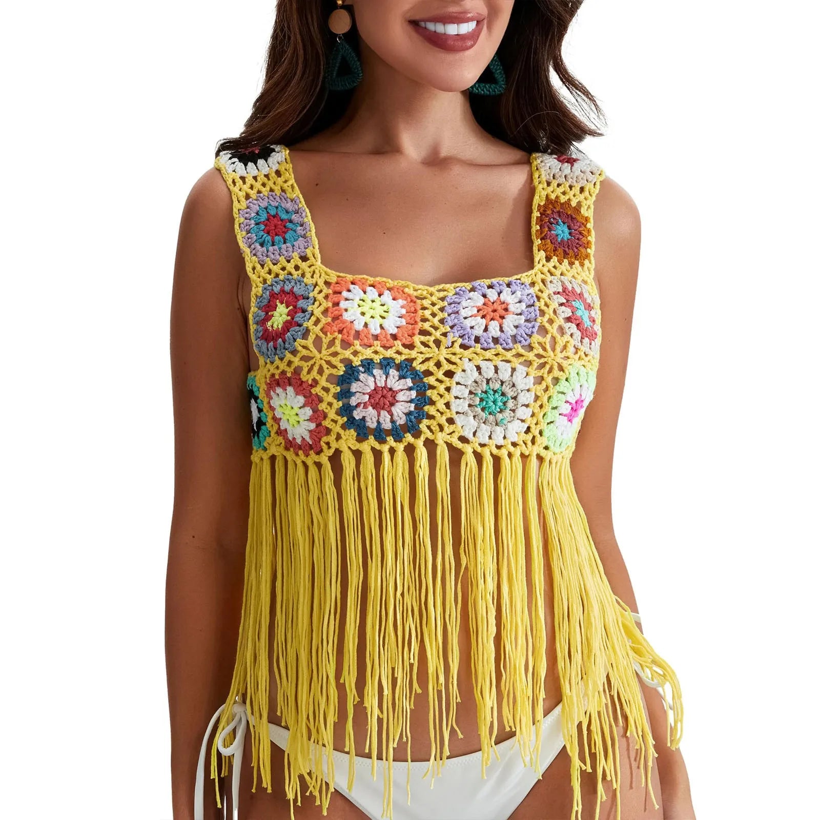 Mulheres Crochet Regata com Borlas, Cobertura de malha Ups, Bordado Floral Colorido, Camisola Boho Verão, Escavar Beachwear, Traf