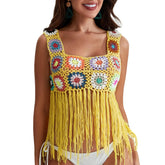 Mulheres Crochet Regata com Borlas, Cobertura de malha Ups, Bordado Floral Colorido, Camisola Boho Verão, Escavar Beachwear, Traf