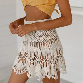 Feito à mão crochê oco para fora roupa de banho cobrir cor sólida cordão saia curta feminina férias tricô doce beachwear