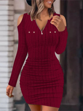 Outono inverno feminino nova cor sólida zíper sexy decote em v fora do ombro apertado saco hip casual vestido de manga comprida