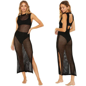 Europeu e americano feminino usar malha oco para fora o-pescoço vestido longo verão praia estilo malha fenda oco para fora bikini cover-up