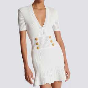 Realeft verão com decote em v de malha envoltório vestidos curtos 2025 novos botões de cintura alta bainha babados sexy mini vestido para mulheres
