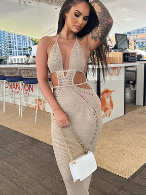 Bwq malha rendas até halter midi vestido feminino bodycon sexy streetwear festa clube outfits praia crochê vestido longo outono inverno