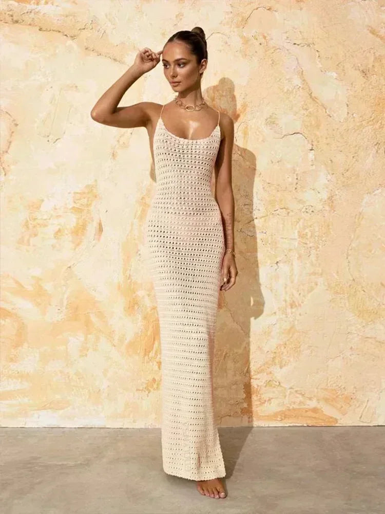 Sexy malha cortar borla cinta de espaguete bodycon praia maxi vestido de verão feminino férias clube festa roupa maiô cobrir k10