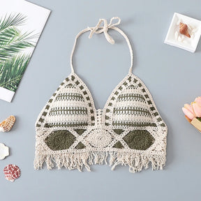 Verão malha sem curto colheita topo feminino sexy oco para fora crochê borlas bainha cabresto sutiã bustier almofadas no peito dropshipping