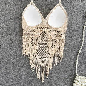 Borlas de malha oco para fora tanques camis para mulheres estilo bohemia hault sem mangas sexy femme espartilho colheita topos praia tanque camisolas