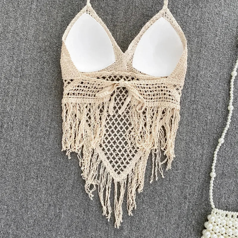 Borlas de malha oco para fora tanques camis para mulheres estilo bohemia hault sem mangas sexy femme espartilho colheita topos praia tanque camisolas