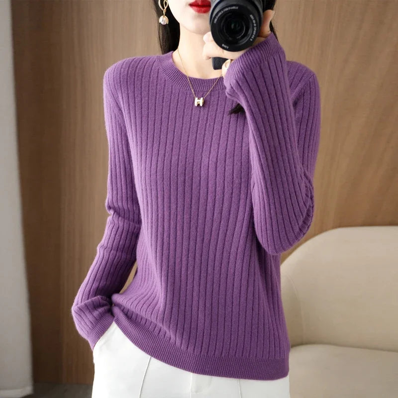 2025 mulheres suéteres outono inverno manga longa pullovers o pescoço listra quente pulôver coreano moda camisas de fundo solto jumper