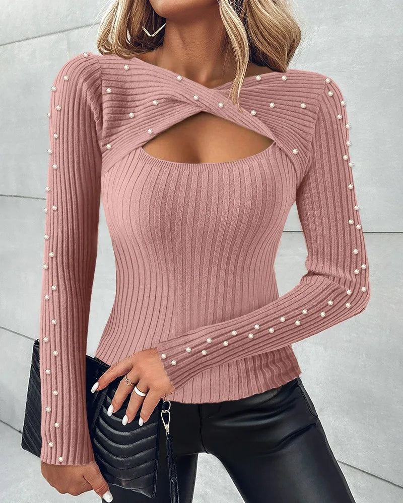 Camisola de malha casual fino ajuste pulôver feminino topos 2025 outono inverno torcido oco para fora frisado manga longa magro topo blusas