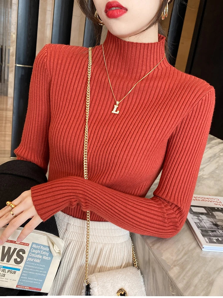 Elegante sólido básico de malha topos feminino gola alta camisola manga longa casual fino pulôver moda coreana simples roupas chiques