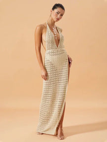 Sexy profundo decote em v sem costas malha cortar fenda praia maxi vestido 2025 feminino verão maiô cobrir chique vestidos de festa túnica a2889