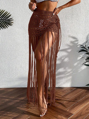 Crochê borla bikini cobrir vestido de praia wear feminino amarrar banhista maiô borla saia longa maiô cobrir vestido de praia