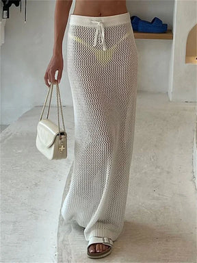 Saia longa de malha vazada para mulheres, transparente, casual, férias, praia, roupas, malhas sólidas, rendas, saia feminina y2k