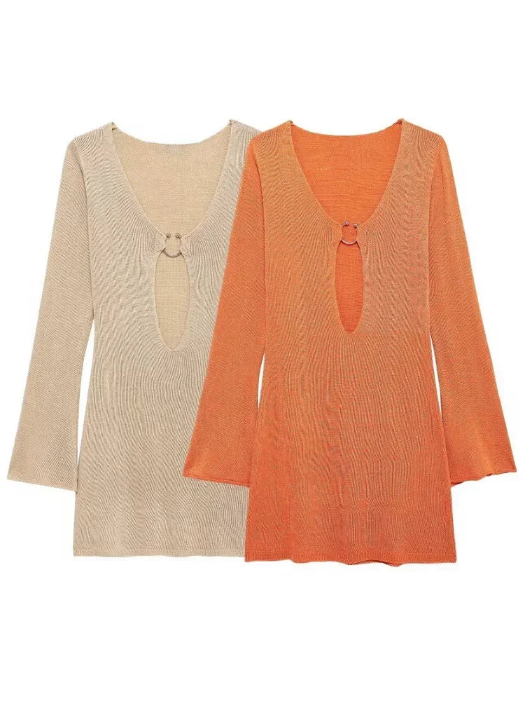 Sexy manga larga magro vestido de malha 2024 outono/inverno feminino elegante com decote em v vestidos curtos a2917