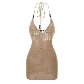 Hirigin feminino sem costas halter mini vestido casual verão malha crochê recorte bodycon vestido de festa para praia clube streetwear